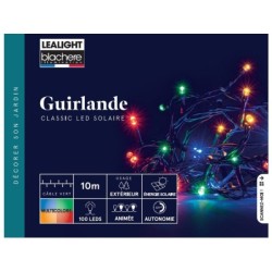 Guirlande exterieur solaire 100 led 1,2v multicolore anime 2 fonctions fixe/flash cable vert 10m