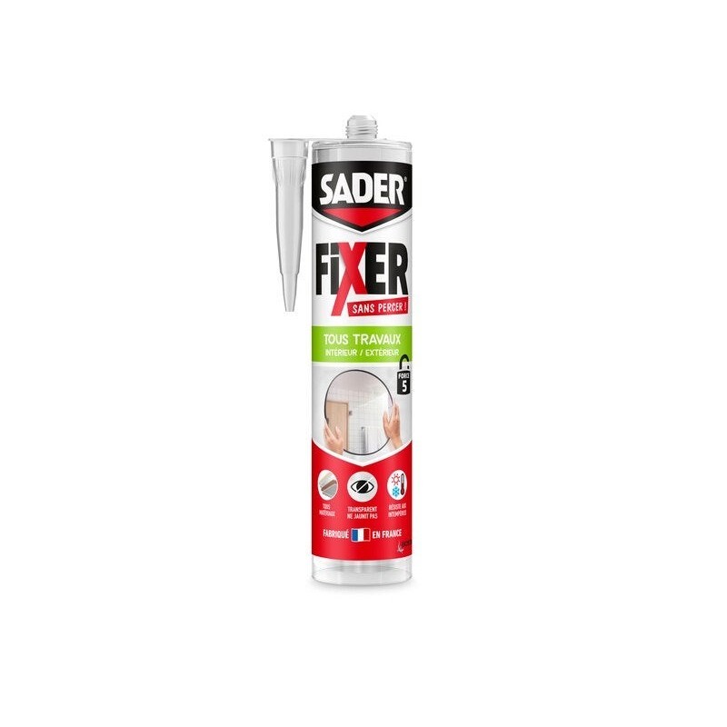 Colle de fixation cartouche SADER Fixer sans percer tous travaux, 360G transparent