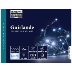 Guirlande extérieur solaire 100 led 1,2v blanc pur, 2 fonctions fixe/flash, câble vert 10 m