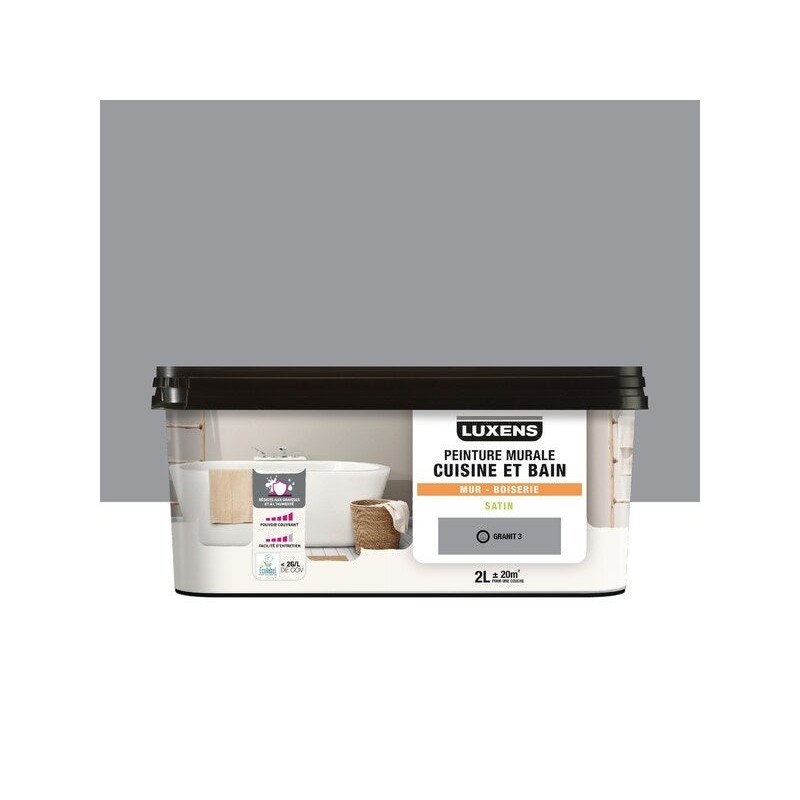 Peinture mur cuisine et bain, LUXENS granit 3 satin, 2 litres