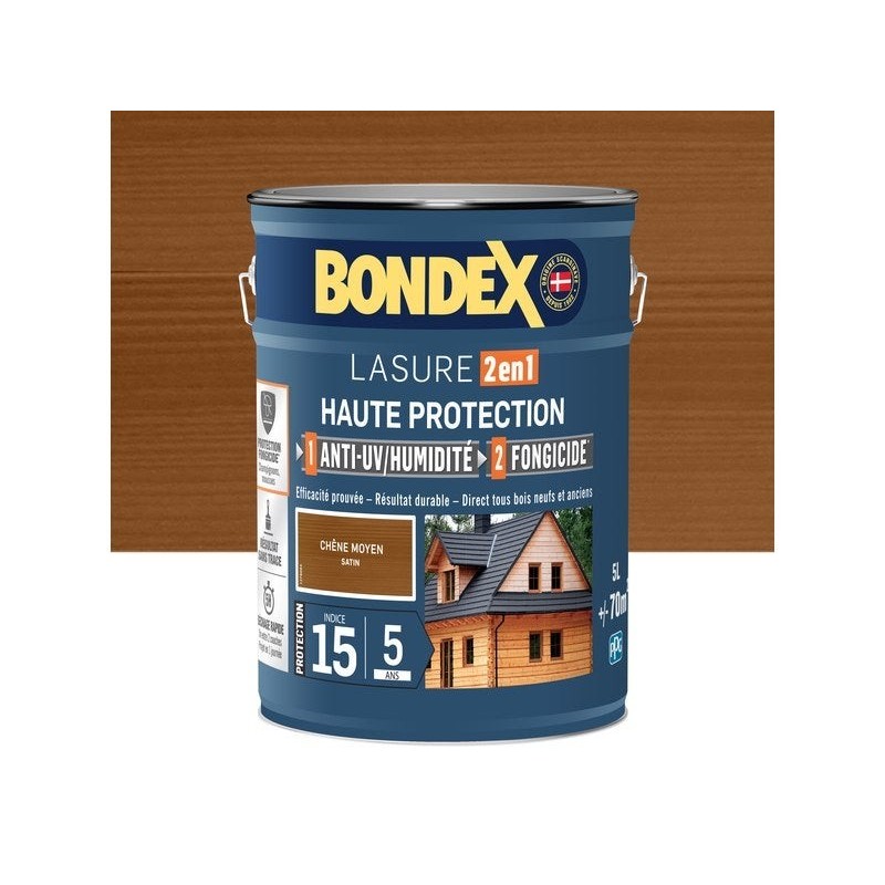 Lasure BONDEX 2en1 haute protection 5 ans chêne moyen satiné 5 L