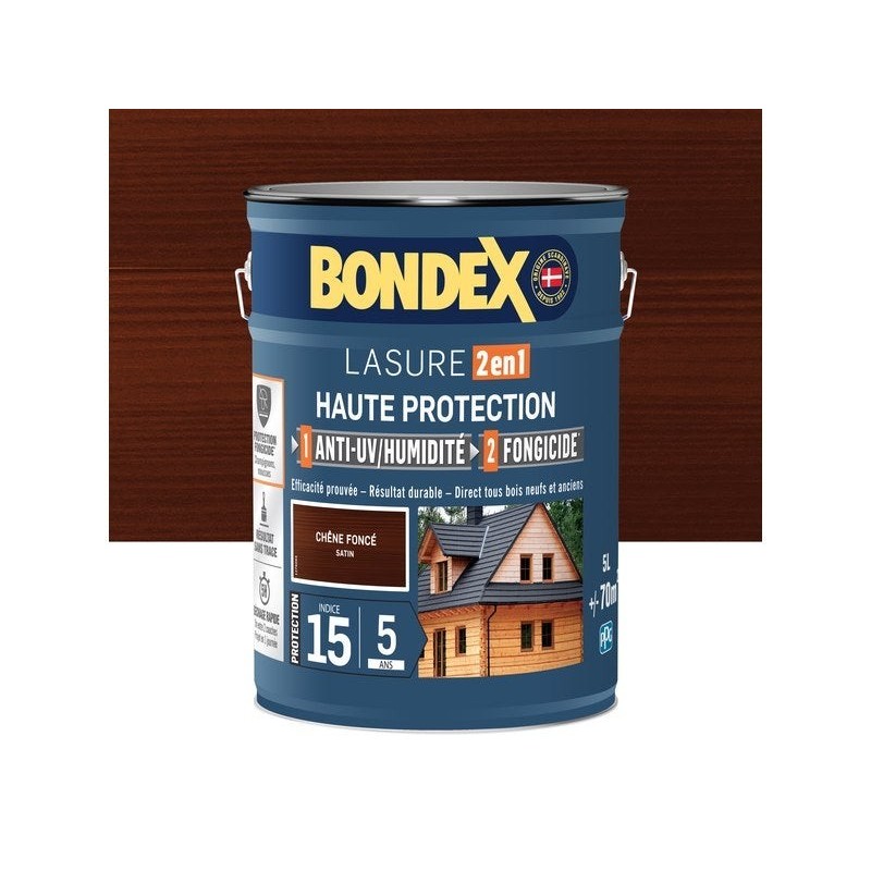 Lasure BONDEX 2en1 haute protection 5 ans chêne fonce satiné 5 L