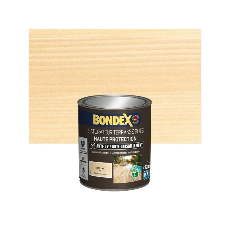 Saturateur terrasse bois haute protection BONDEX, incolore, mat 1 L