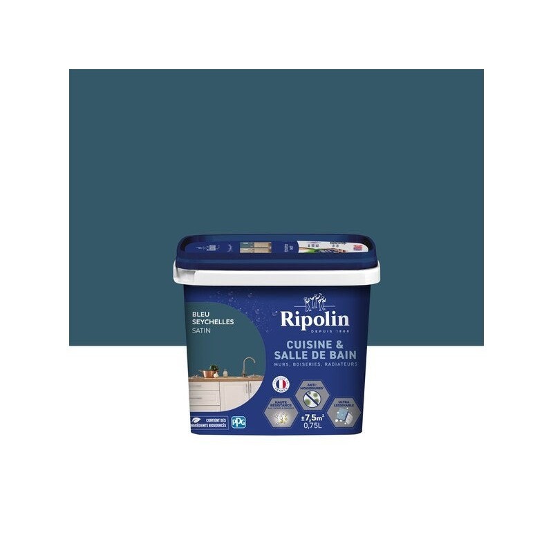 Peinture mur, RIPOLIN cuisine et salle de bain, 0.75 litre, bleu seychelles satin