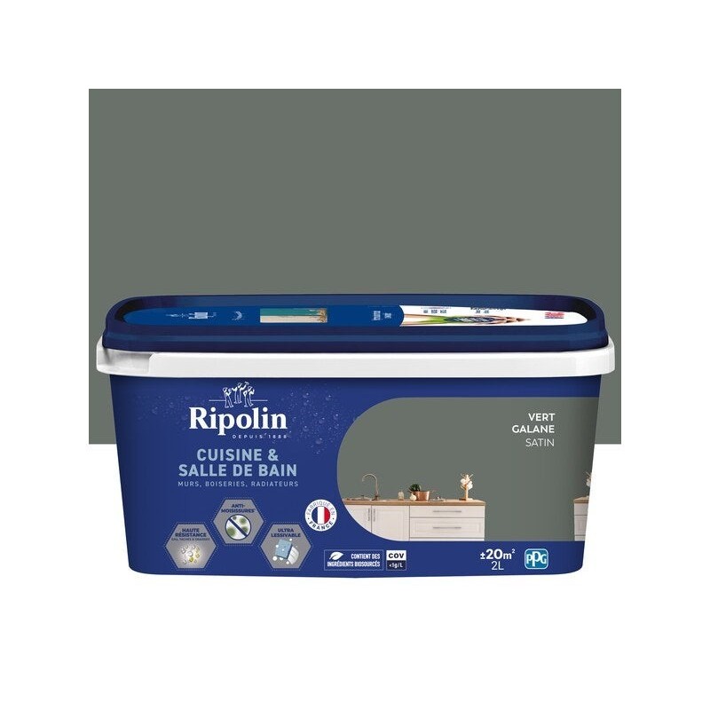 Peinture mur, RIPOLIN cuisine et bain, 2 litres, vert galane satin