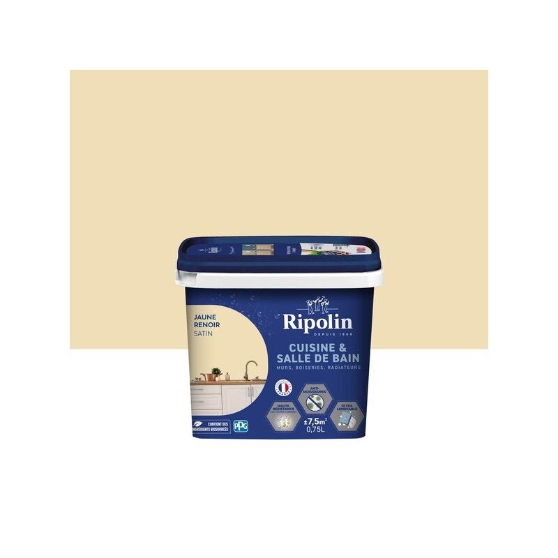 Peinture mur, RIPOLIN cuisine et bain, 0.75 litre, jaune renoir satin