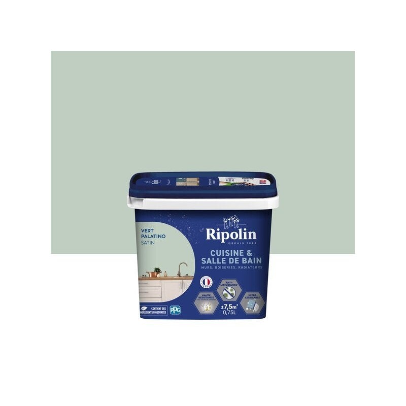 Peinture mur, RIPOLIN cuisine et bain, 0.75 litre, vert palatino satin