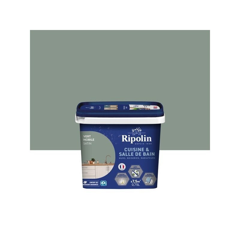 Peinture mur, RIPOLIN, cuisine et bain, 0.75 litre, vert nobile satin