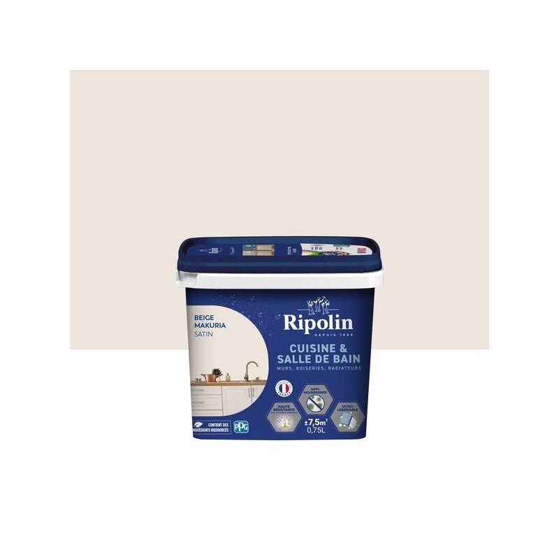 Peinture mur, RIPOLIN cuisine et bain, 0.75 litre, beige makuria satin