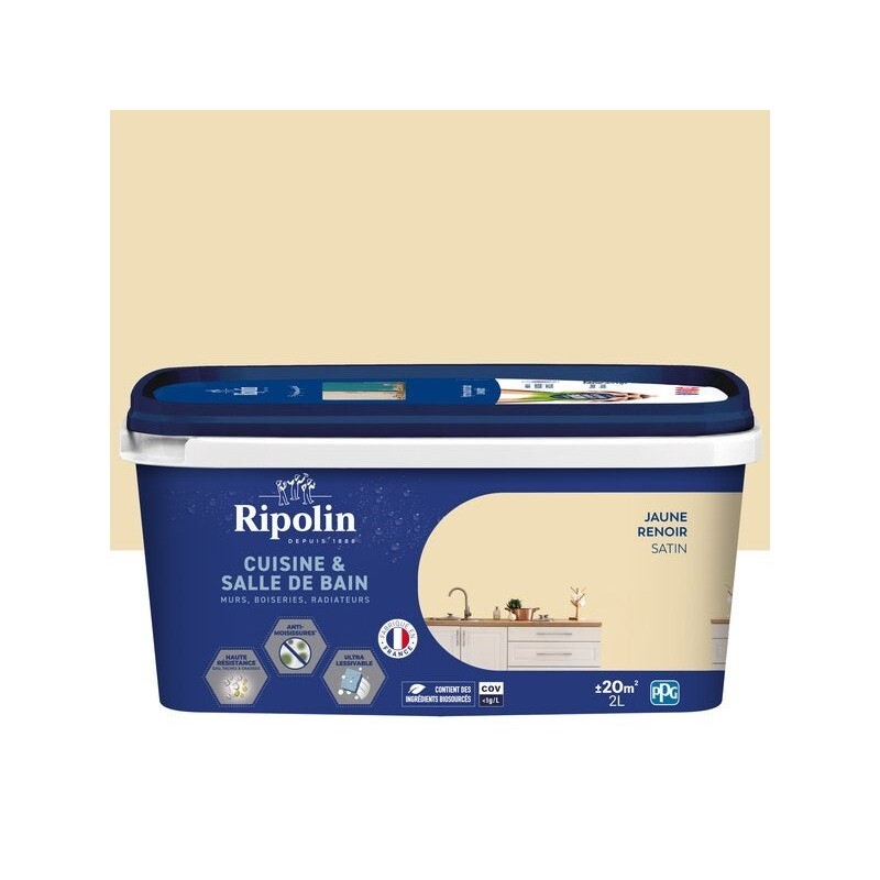 Peinture mur, RIPOLIN cuisine et bain, 2 litres, jaune renoir satin