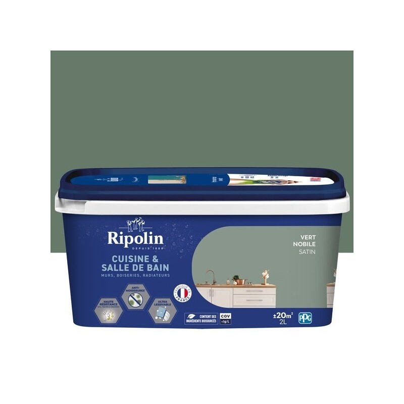 Peinture mur, RIPOLIN cuisine et bain, 2 litres, vert nobile satin