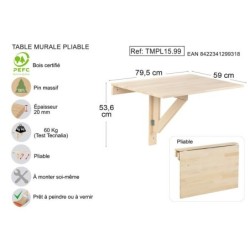 Table murale pliante en pin ASTIGARRAGA KIT LINE, L.59 x l.79.5 cm x Ep.20 mm