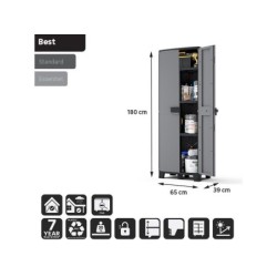 Armoire haute, multiusage, en polypropylène 3 étagères SPACEO, gris et noir, l.65 x H.180 x P.39 cm