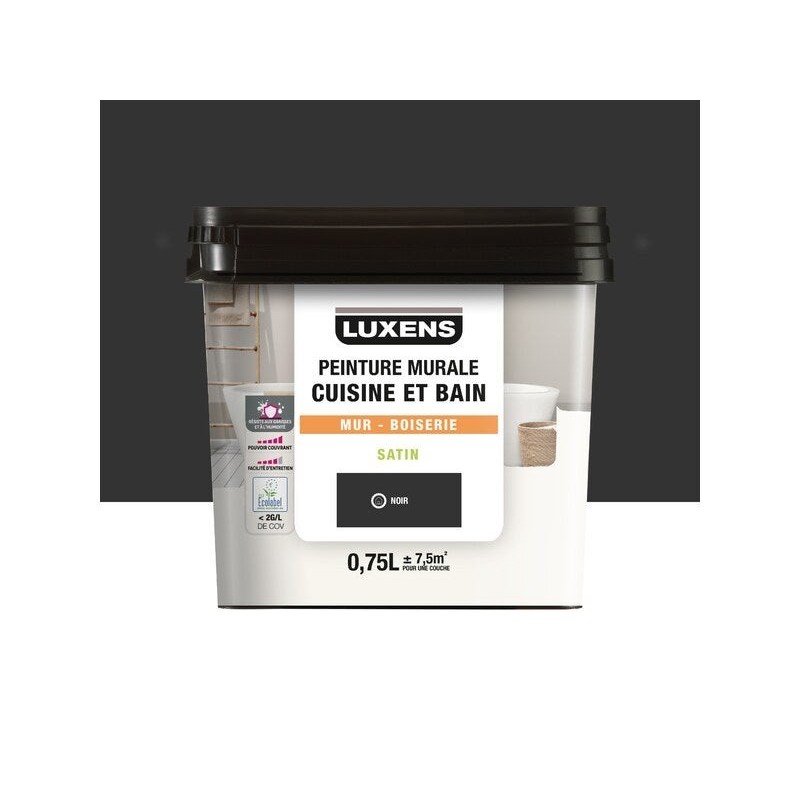 Peinture mur cuisine et bain, LUXENS, noir satin, 0.75 litre