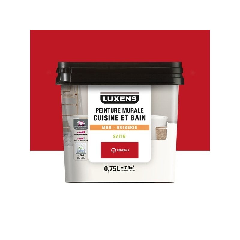 Peinture mur cuisine et bain, LUXENS Crimson 2 satin, 0.75 litre