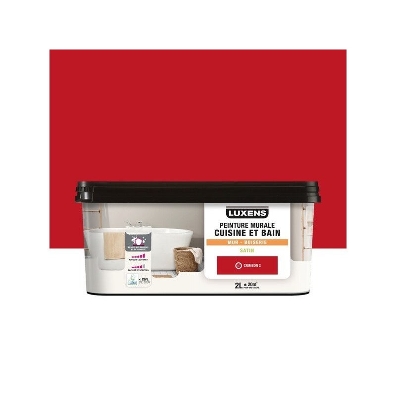 Peinture mur cuisine et bain, LUXENS Crimson 2 satin, 2 litres