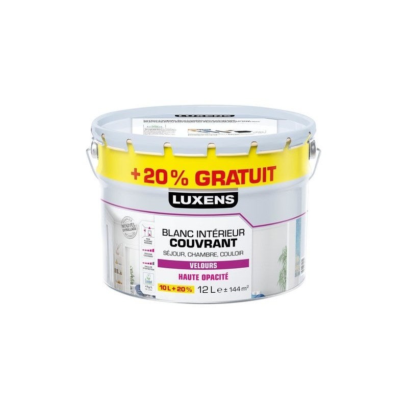 Peinture mur, plafond, boiserie blanc velours LUXENS Couvrant 10L+20% gratuit