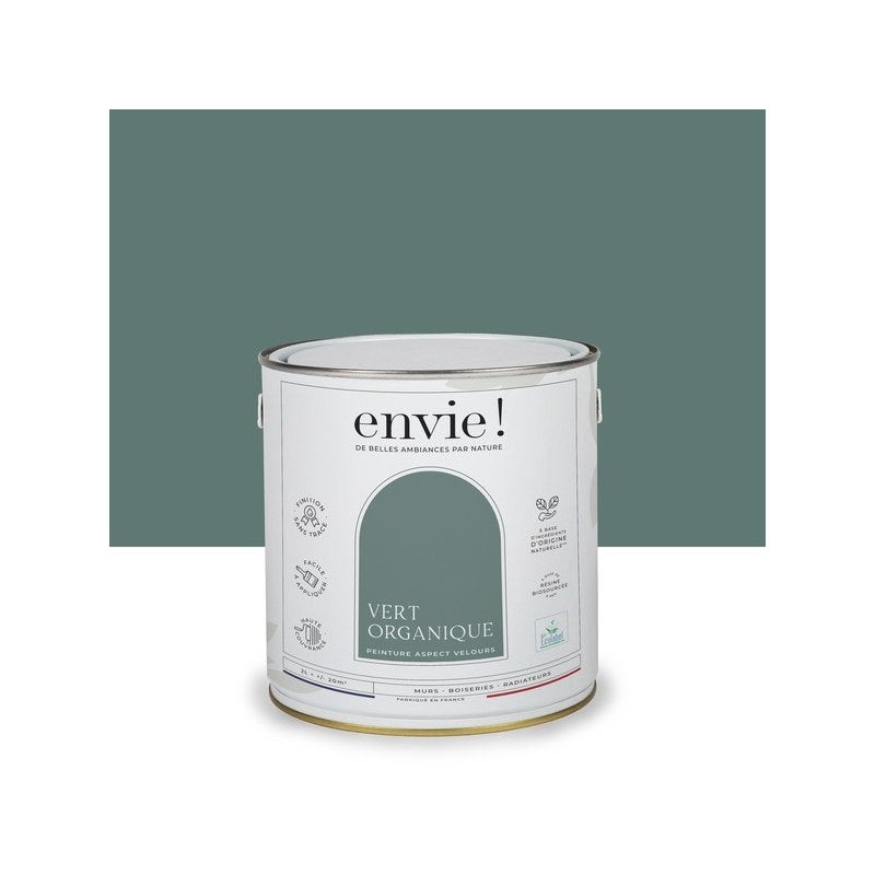 Peinture aspect velours murs, boiseries et radiateurs, biosourcée, ENVIE, vert organique, 2 litres