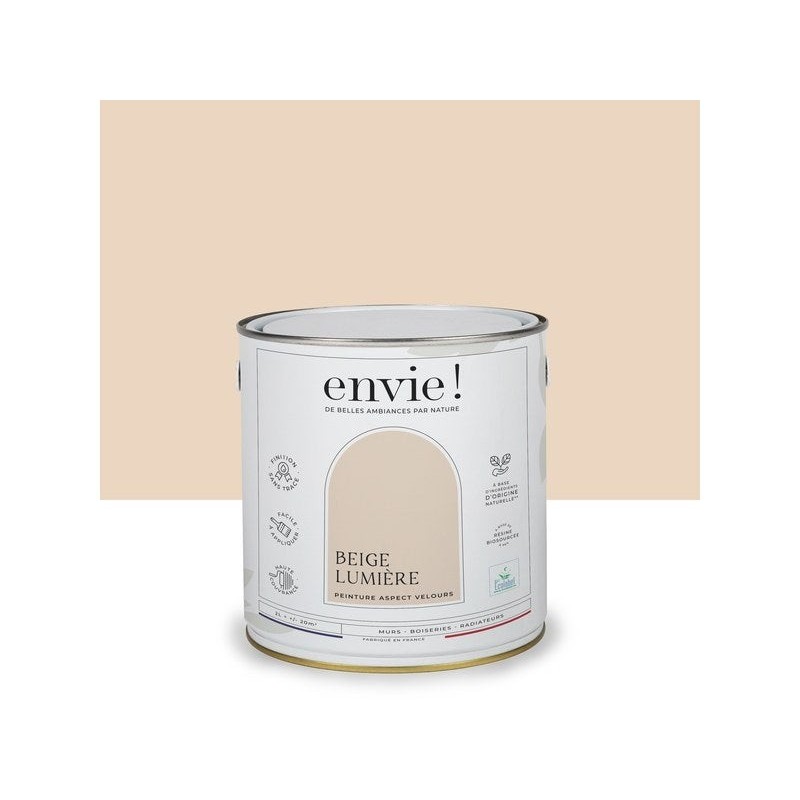 Peinture aspect velours murs, boiseries et radiateurs, biosourcée, ENVIE, beige lumière, 2 litres