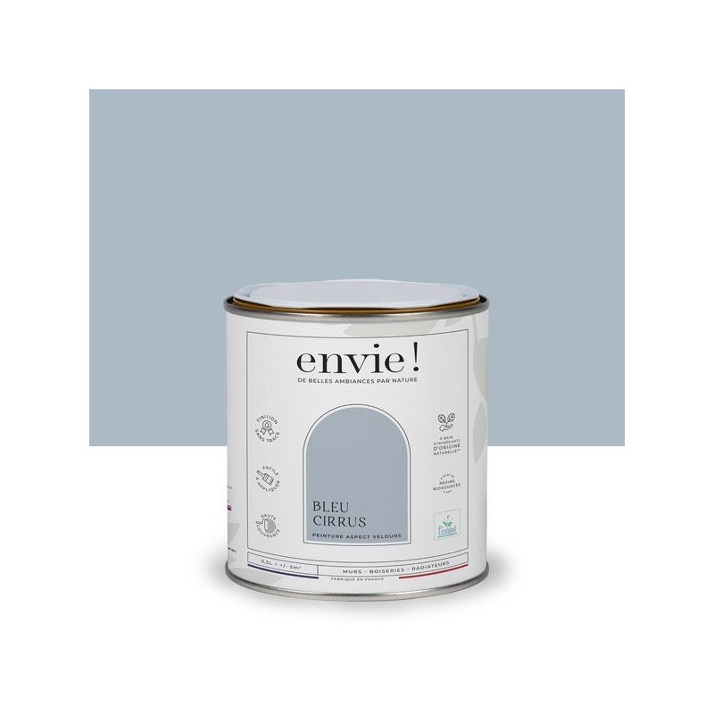 Peinture aspect velours murs, boiseries et radiateurs, biosourcée, ENVIE, bleu cirrus, 0.5 litre