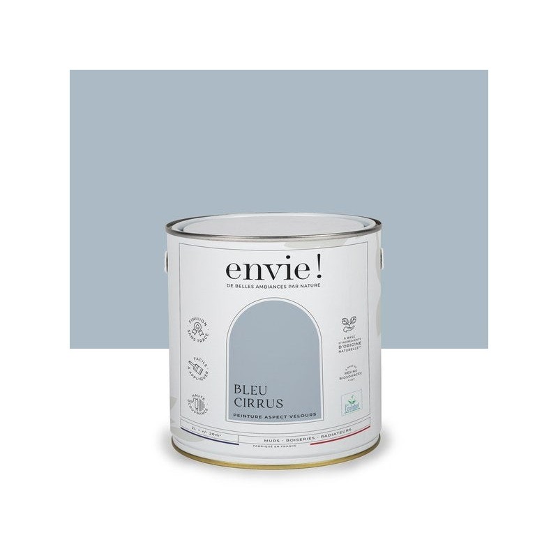 Peinture aspect velours murs, boiseries et radiateurs, biosourcée, ENVIE, bleu cirrus, 2 litres