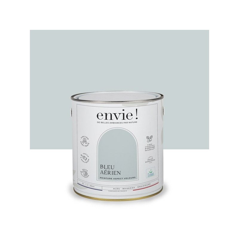 Peinture aspect velours murs, boiseries et radiateurs, biosourcée, ENVIE, bleu aérien, 2 litres