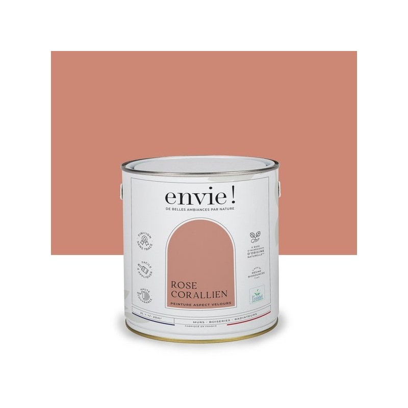 Peinture aspect velours murs, boiseries et radiateurs, biosourcée, ENVIE, rose corallien, 2 litres