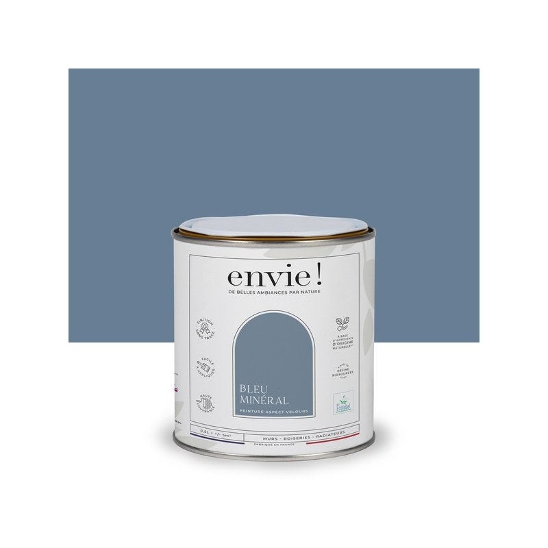 Peinture aspect velours murs, boiseries et radiateurs, biosourcée, ENVIE, bleu minéral, 0.5 litre