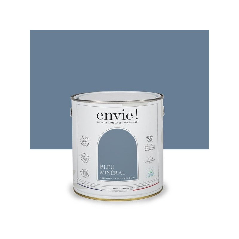 Peinture aspect velours murs, boiseries et radiateurs, biosourcée, ENVIE, bleu mineral, 2 litres