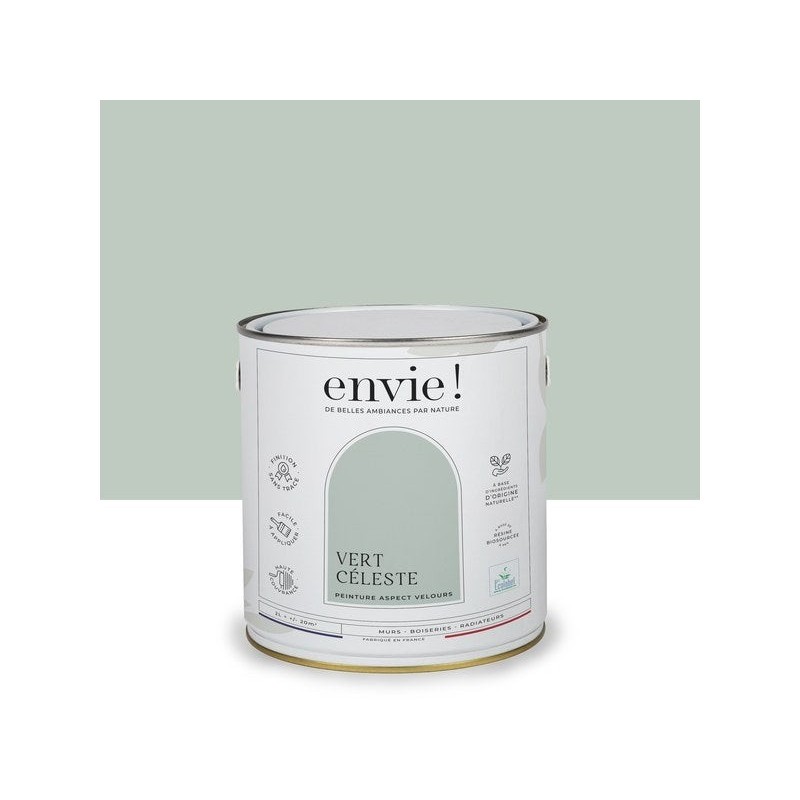 Peinture aspect velours murs, boiseries et radiateurs, biosourcée, ENVIE, vert celeste, 2 litres