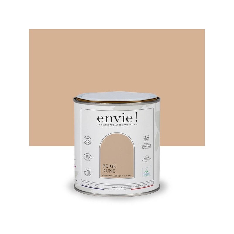 Peinture aspect velours murs, boiseries et radiateurs, biosourcée, ENVIE, beige dune, 0.5 litre