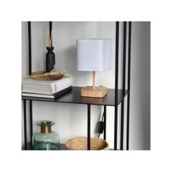 Lampe e14  bois tissu blanc, INSPIRE Akora, H.23cm