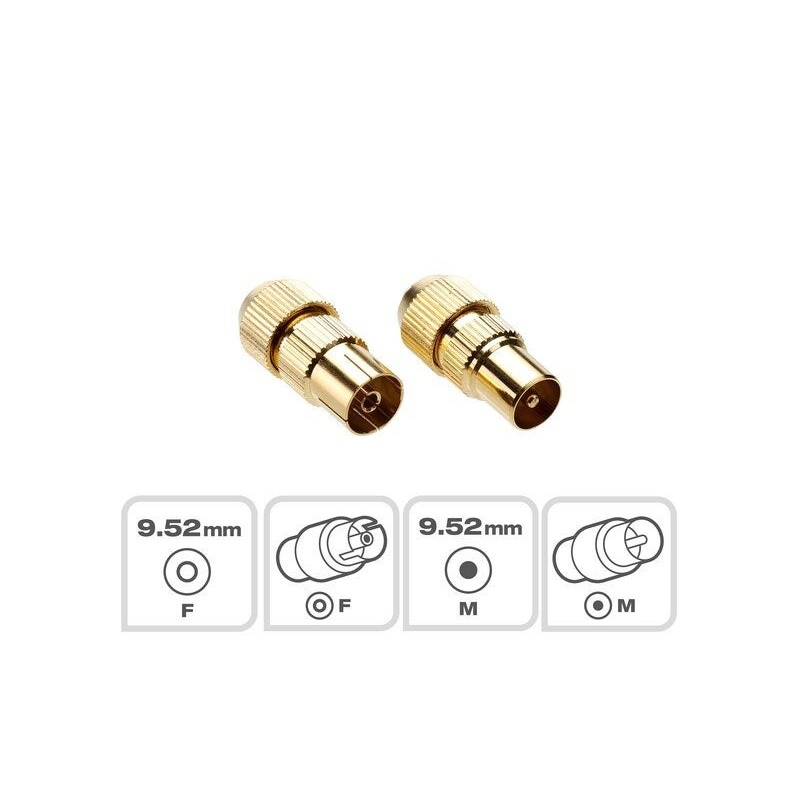 Lot de 2 fiches coaxiale tv, 9,52mm, mâle/femelle, or, LEXMAN