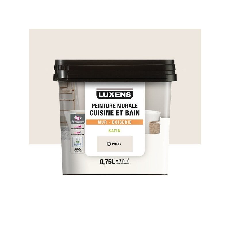 Peinture mur cuisine et bain, LUXENS Paper 5 satin, 0.75 litre