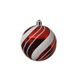 Boule noël plastique d.8cm brillant rayures rouge/blanc givre