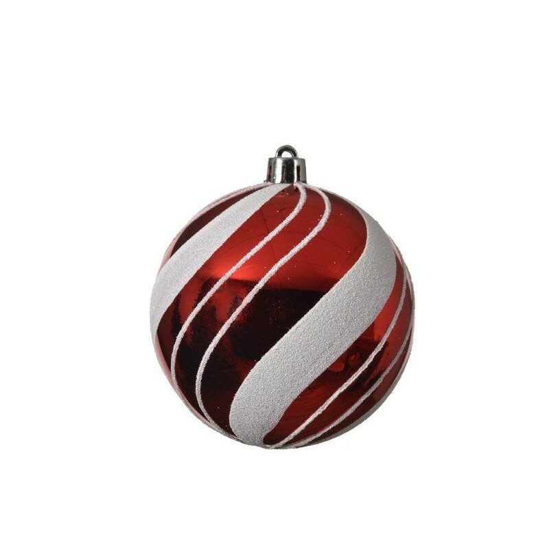 Boule noël plastique d.8cm brillant rayures rouge/blanc givre