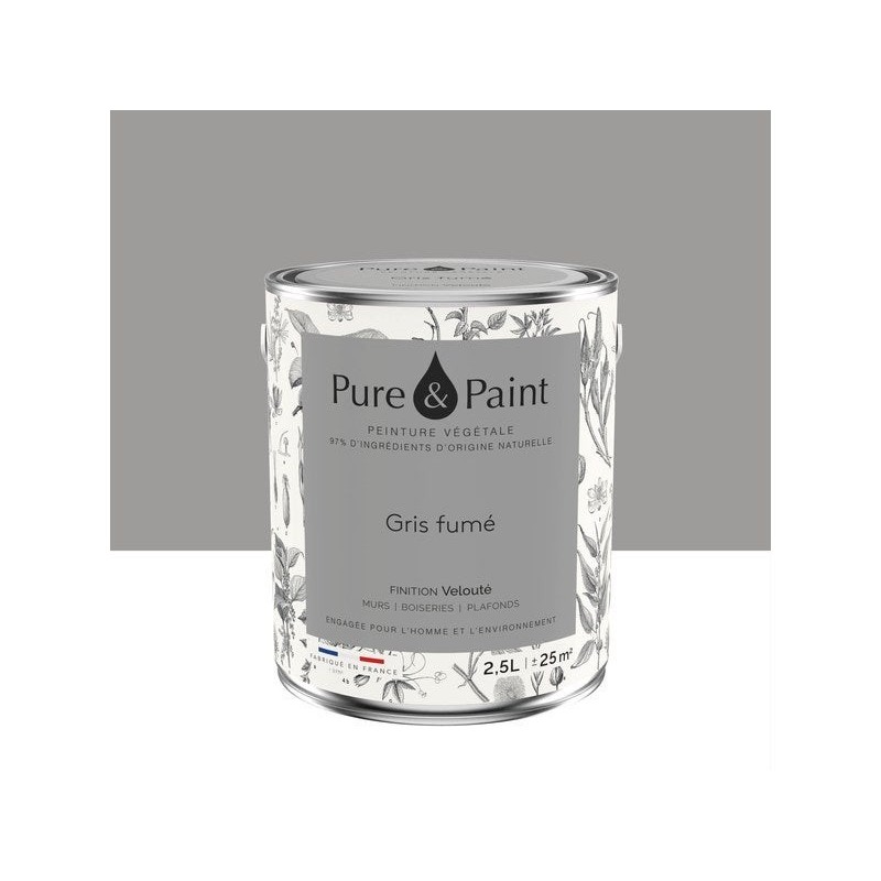 Peinture gris fume mur, plafond et boiserie , PURE  PAINT velours 2.5 l