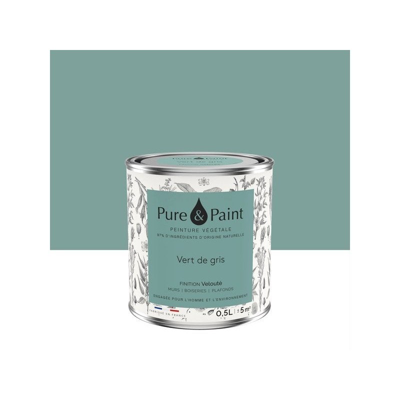 Peinture vert de gris mur, plafond et boiserie , PURE  PAINT velours 0.5 l