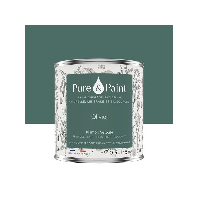 Peinture olivier mur, plafond et boiserie , PURE  PAINT velours 0.5 l