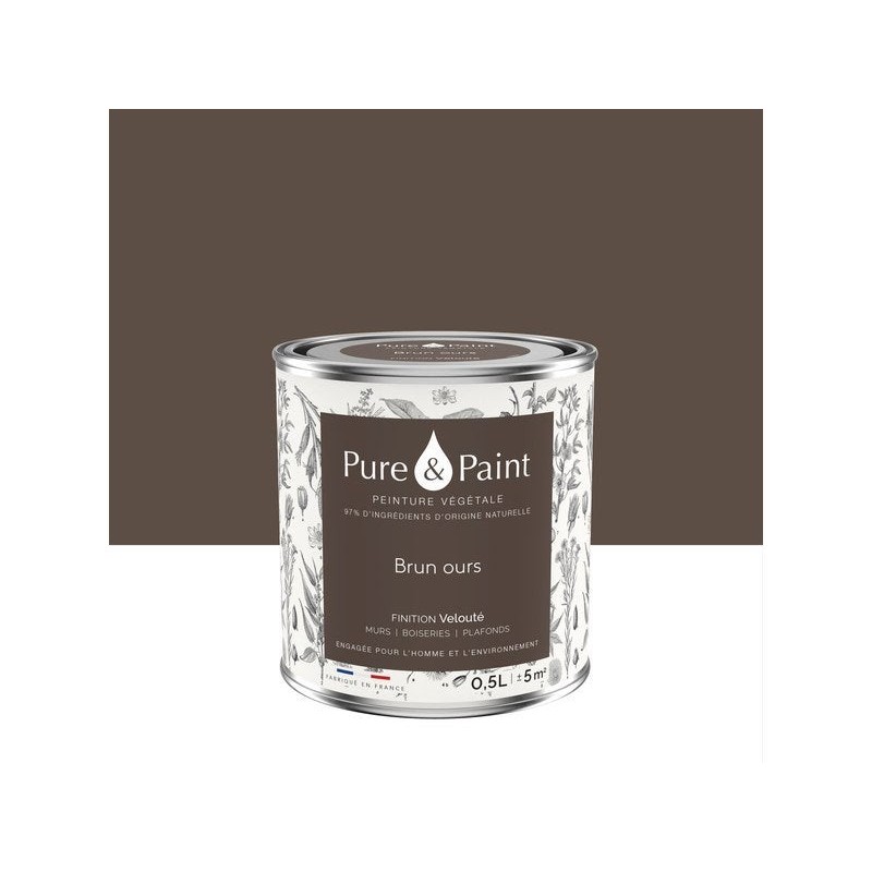 Peinture brun ours mur, plafond et boiserie , PURE  PAINT velours 0.5 l