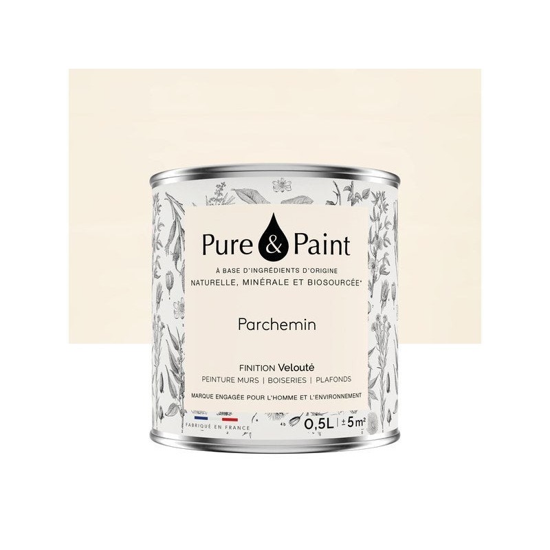 Peinture parchemin mur, plafond et boiserie , PURE  PAINT velours 0.5 l