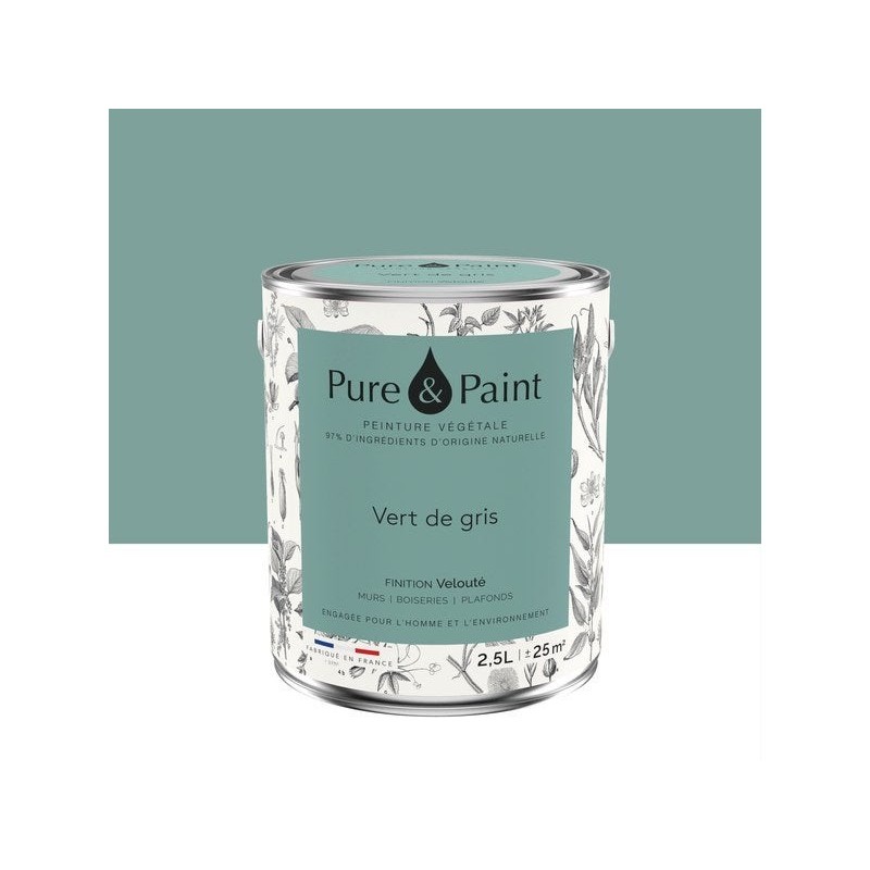 Peinture vert de gris mur, plafond et boiserie , PURE  PAINT velours 2.5 l