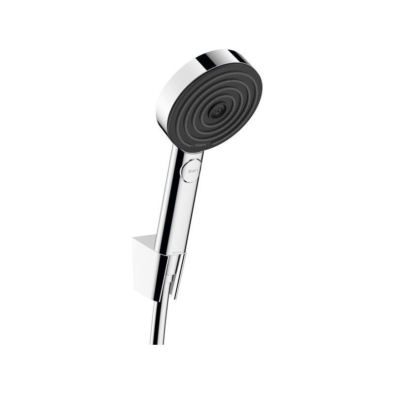 Pommeau de douche 3 jets, flexible et support, HANSGROHE Pulsify chrome