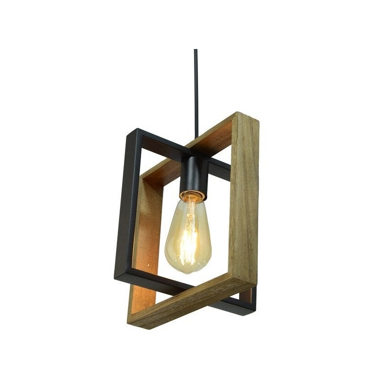 Suspension industrielle Wooli à 1 ampoule e27, C-CREATION, 60W diam. 24 cm, métal noir et bois