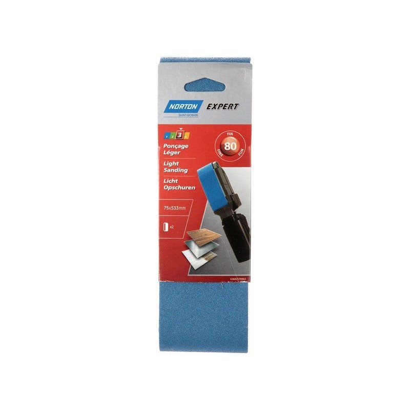 Lot de 2 bandes abrasives, NORTON, 75 x 533 mm, grains 80