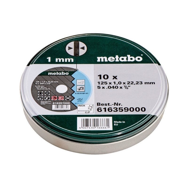 Coffret de 10 meules METABO De tronconnage sp 125 x 1,0 x 22,23 inox