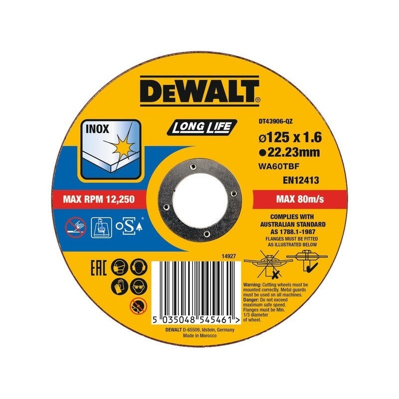 Disque a tronçonner pour inox, DEWALT DT43906, diam. 125 x 1.6 x 22 mm