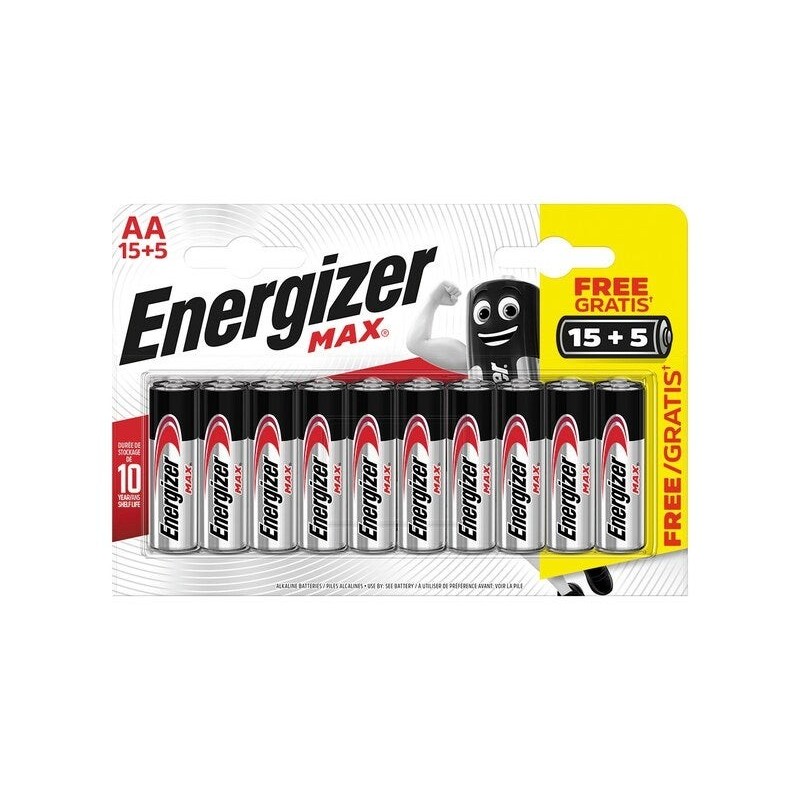 Lot de 15 + 5 piles alcaline AA Max, 1.2 V, ENERGIZER