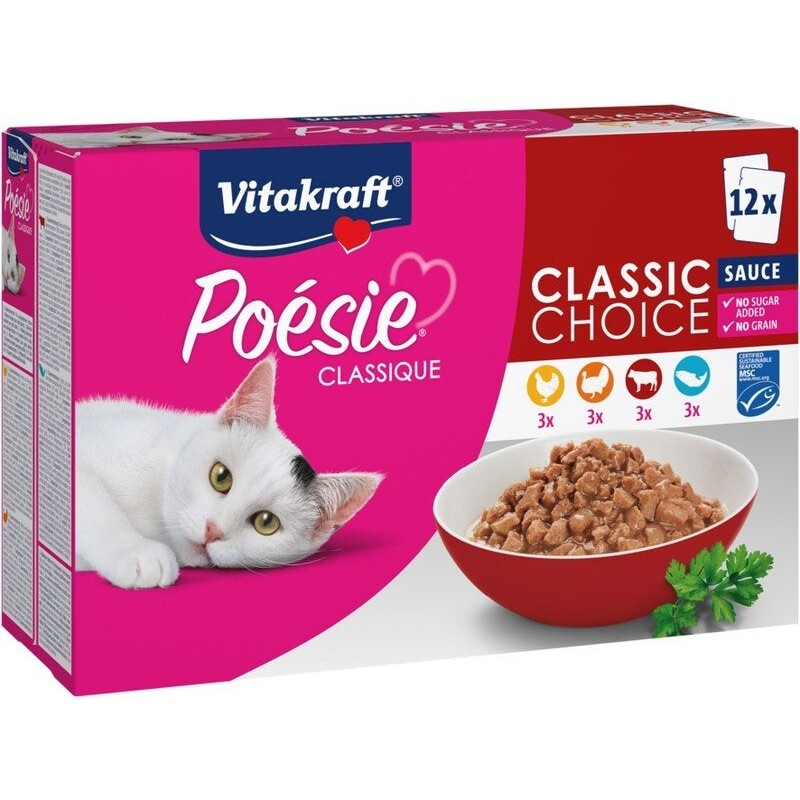 Lot de 12 pâtées pour chat VITAKRAFT Poésie classique, sauce viandes et poissons, multipack 85 g