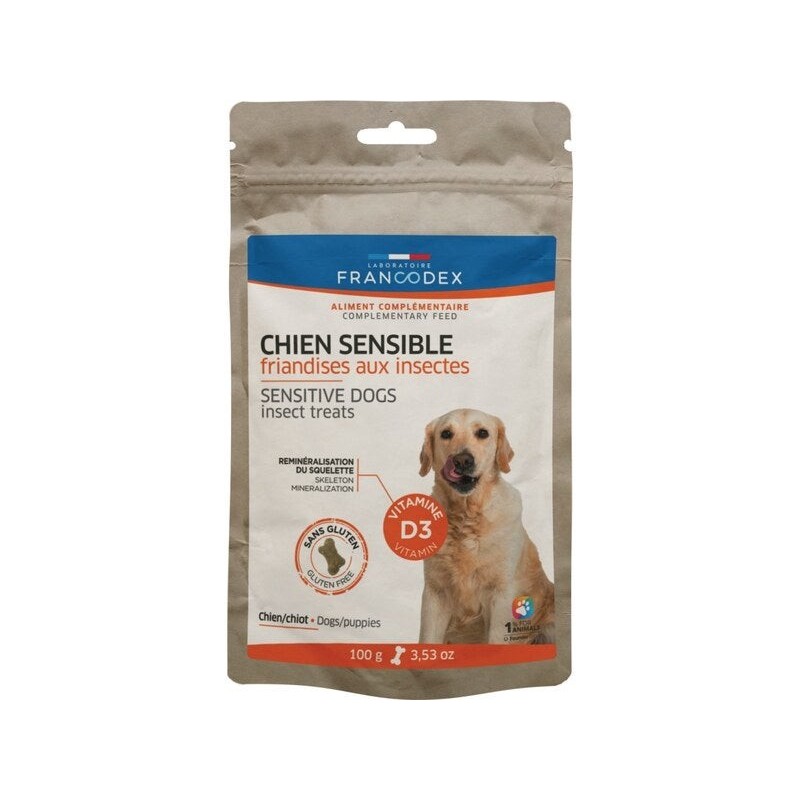 Friandise chien sensible reminéralisante aux insectes/vitamine d3 100g FRANCODEX